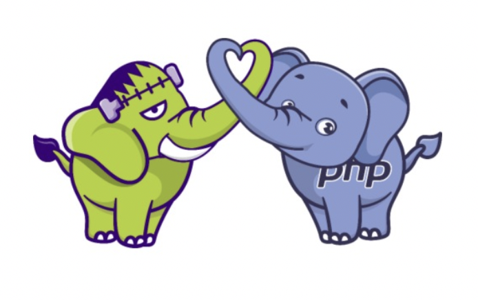 Illustration de FrankenPHP et l'éléphant PHP s'enlaçant leurs trompes" class="wp-image-8324" style="aspect-ratio:3/2;object-fit:cover